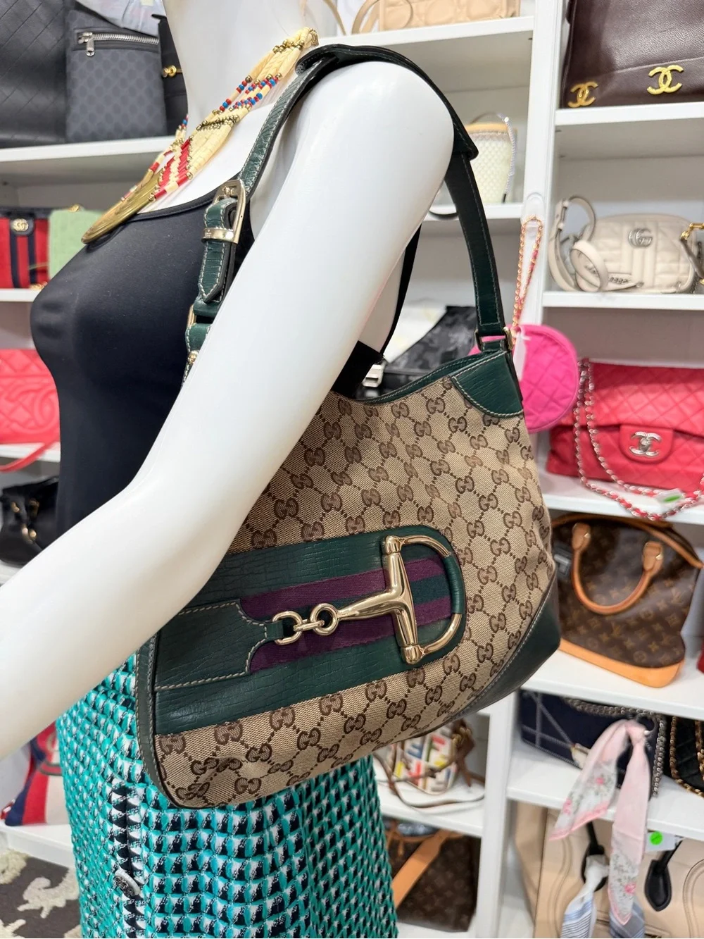 Gucci Beige/Ebony GG Canvas Green Leather Horsebit Hobo Bag